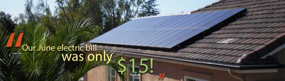 Palm tree in the lower left corner.  Picture of Solar Panels on a home. picture has an enlightening caption that reads "Our electric bill was only $15 dollars this month."